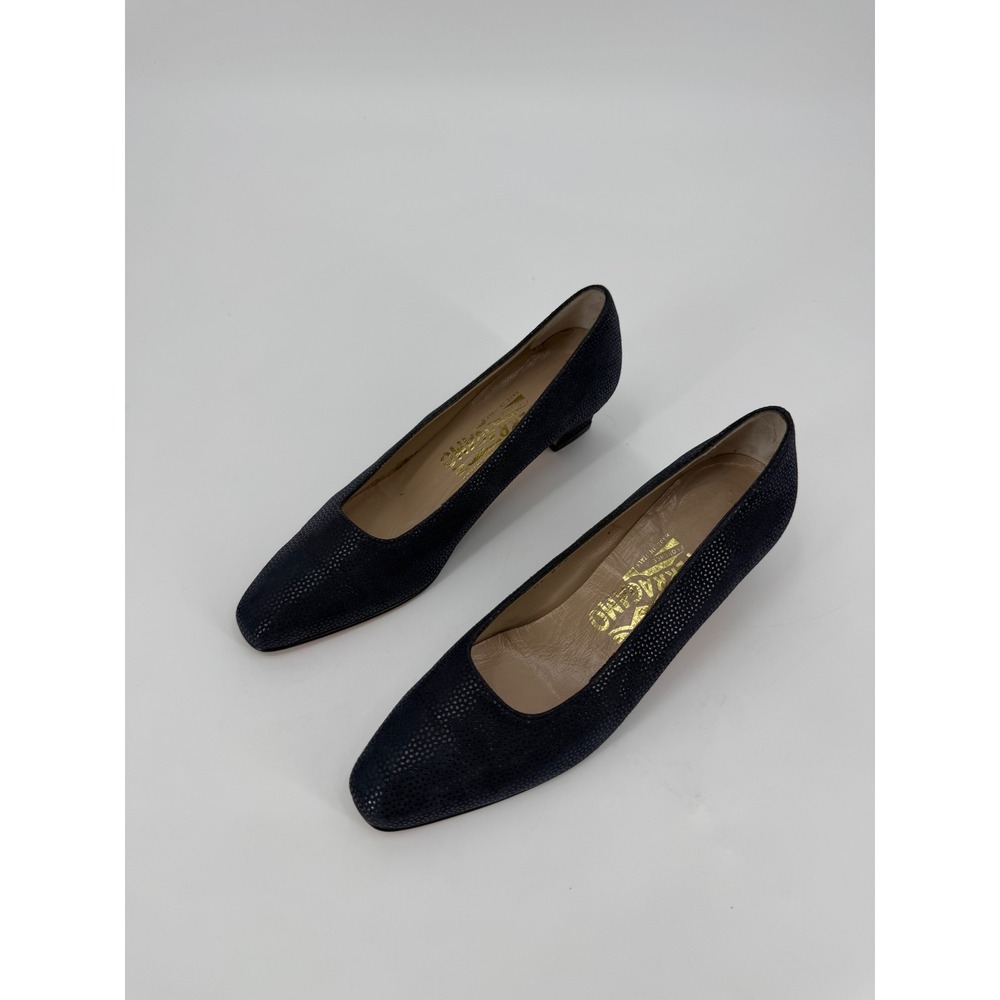 Salvatore Ferragamo Navy Blue Textured Leather Low Heel Pumps Size 7